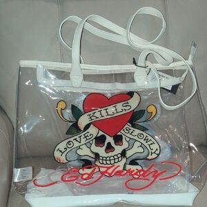 Ed Hardy White Tote Bag with Skull Graphic and Clear Body